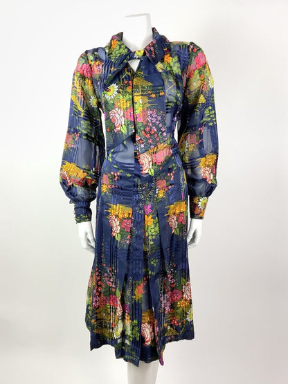 VTG 60s 70s BLUE PINK YELLOW GREEN FLORAL PLAID PUSSYBOW SHEER SHIRT DRESS 14 16