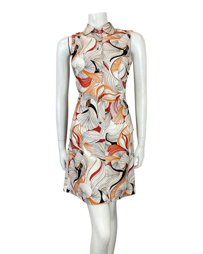 VINTAGE 60s 70s WHITE RED BLACK PSYCHEDELIC FLORAL SLEEVELESS MOD SHIRT DRESS 10