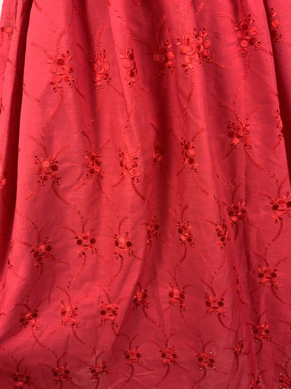 VINTAGE 60s 70s PILLARBOX RED EMBROIDERED FLORAL ANGLAISE SUMMER DRESS 12 14