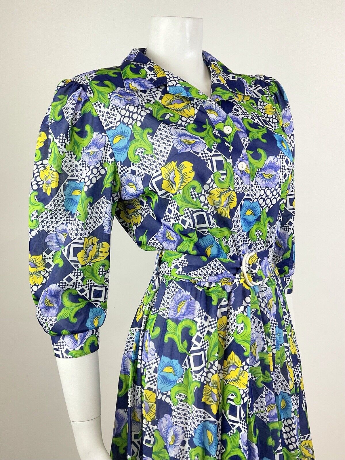 VINTAGE 70s BLUE GREEN YELLOW WHITE PSYCHEDELIC FLORAL BLOUSON SWING DRESS 10 12