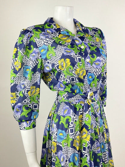 VINTAGE 70s BLUE GREEN YELLOW WHITE PSYCHEDELIC FLORAL BLOUSON SWING DRESS 10 12