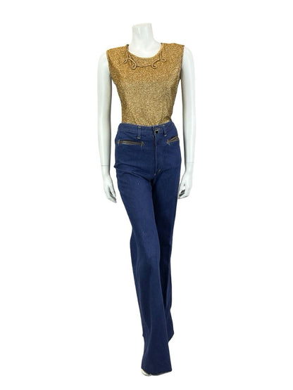 VTG 60S GOLD LUREX SWIRL PIPING ROUNDED NECK SLEEVELESS FITTED PARTY TOP 10