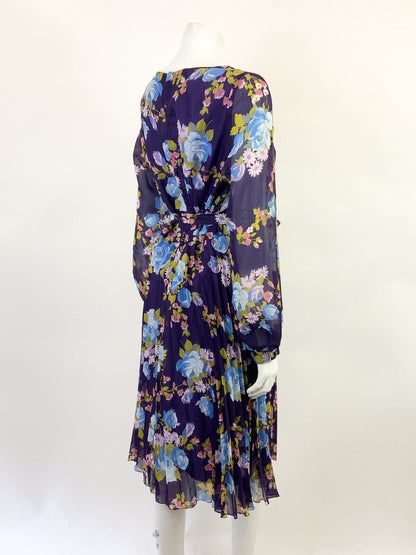 VINTAGE 60s 70s PURPLE BLUE PINK FLORAL ROSE PLEATED BOHO FOLK SHEER DRESS 12 14
