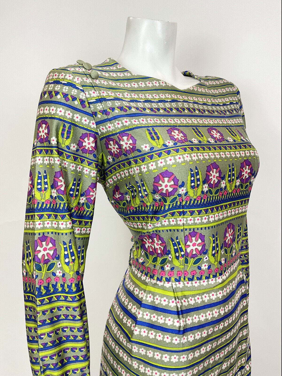 VTG 60s 70s GREEN BLUE PURPLE STRIPED DAISY GEOMETRIC MOD LONGSLEEVE DRESS 12 14