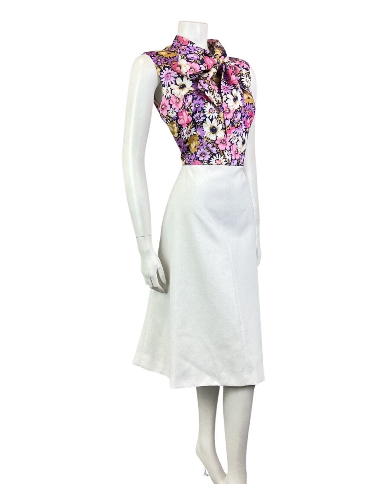 VINTAGE 60s 70s WHITE PURPLE PINK FLORAL PUSSYBOW SLEEVELESS MOD DRESS 12