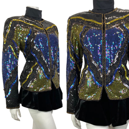 VINTAGE 70s 80s BLACK BLUE GOLD GEOMETRIC WAVY DISCO GLAM TROPHY JACKET 14 16