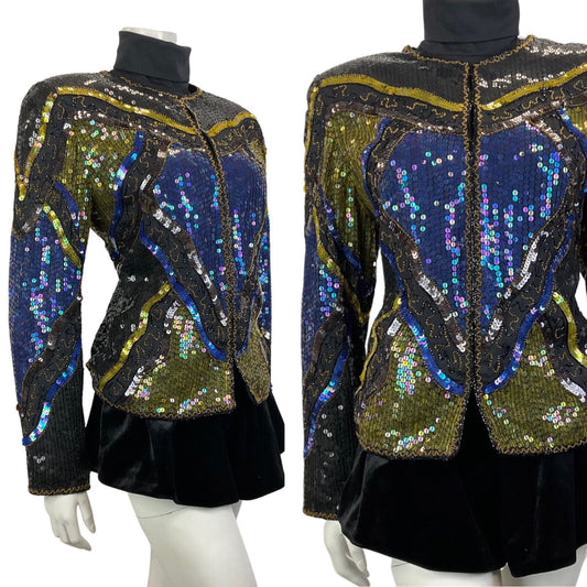 VINTAGE 70s 80s BLACK BLUE GOLD GEOMETRIC WAVY DISCO GLAM TROPHY JACKET 14 16