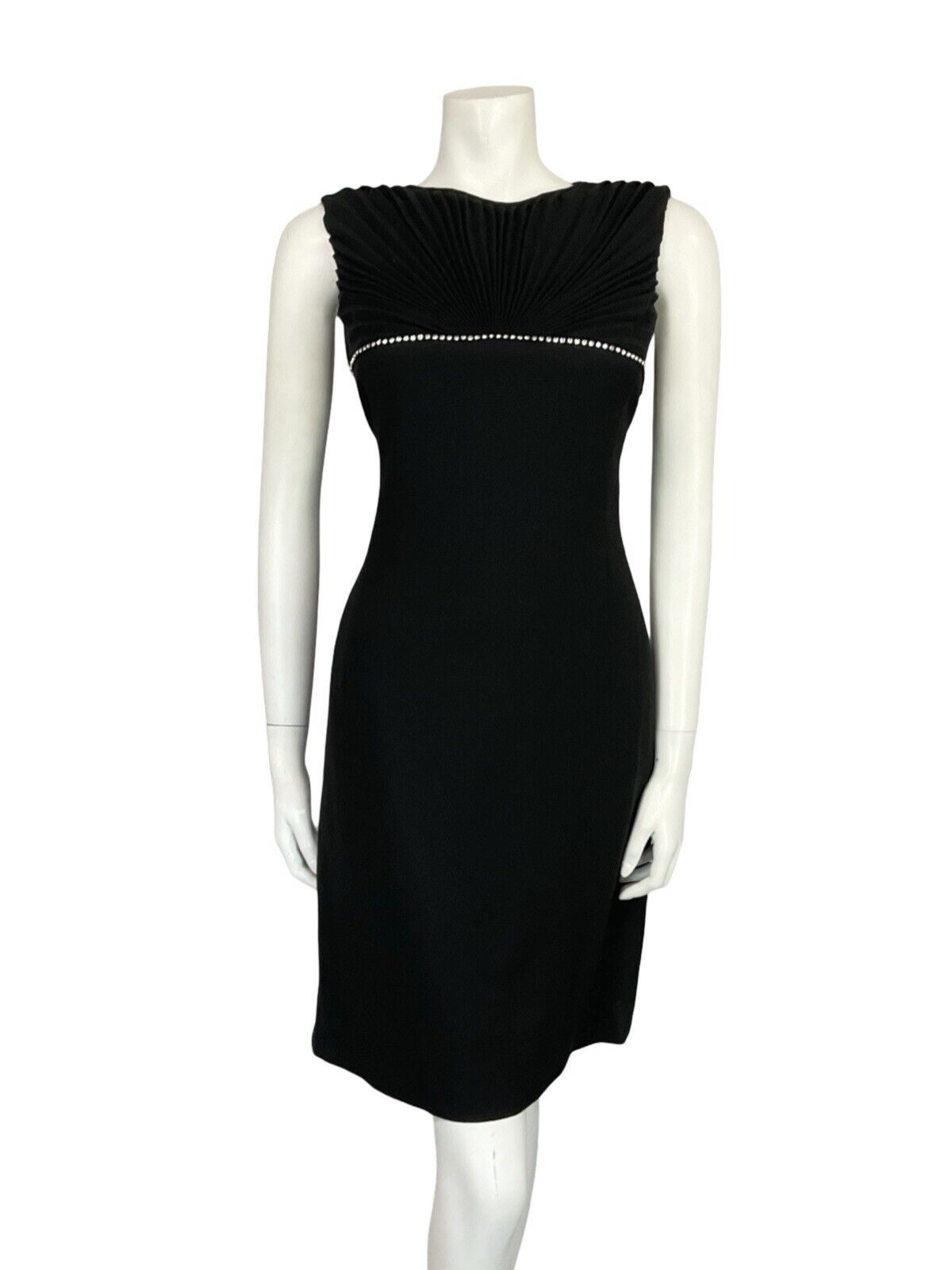 VTG 60S BLACK MOD WOOL DIAMANTE FAN PLEATED SLEEVELESS PARTY MINI DRESS 10