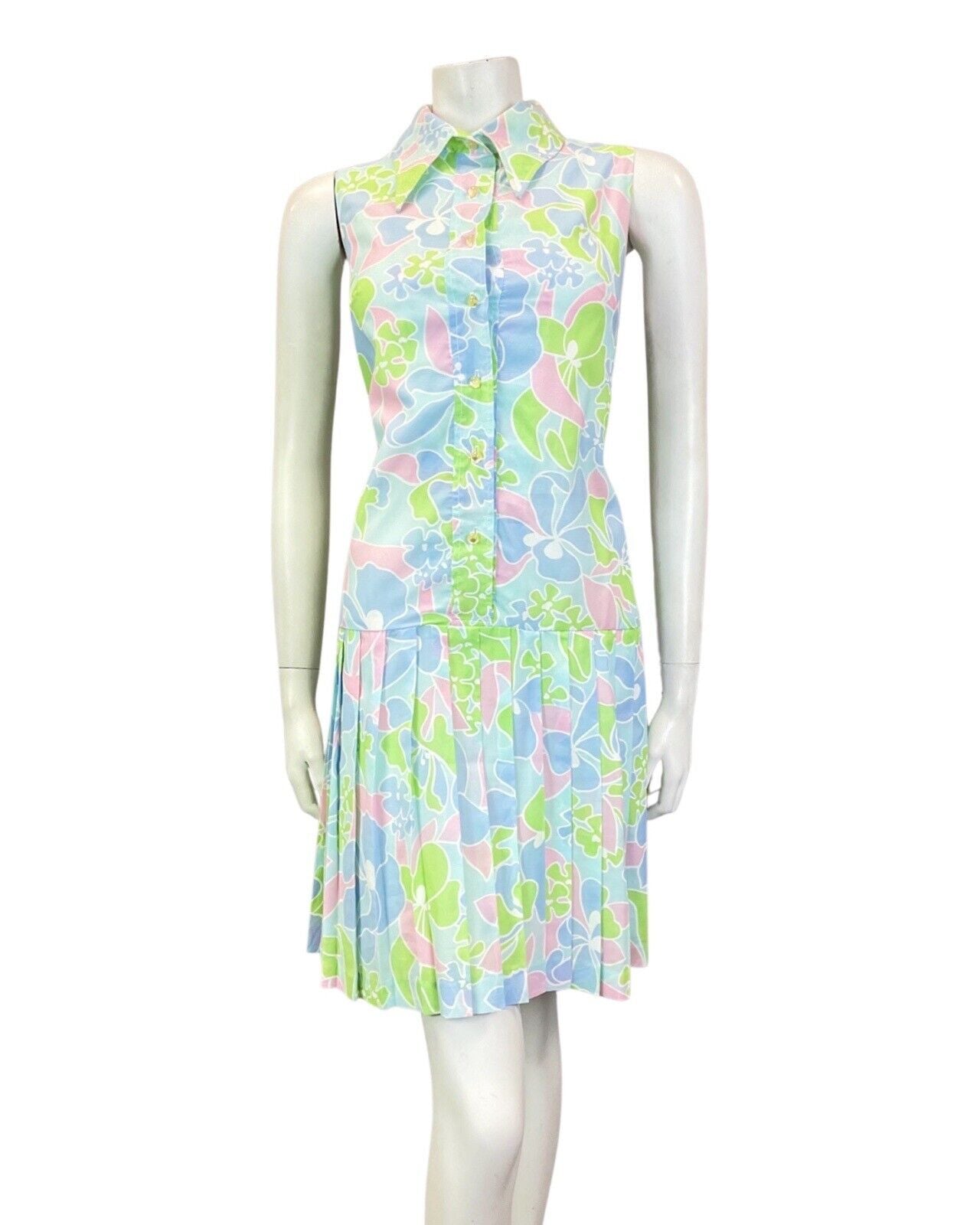 VTG 60s 70s BLUE GREEN PINK FLORAL DROP-WAIST PLEATED DAGGER SHIRT DRESS 10 12