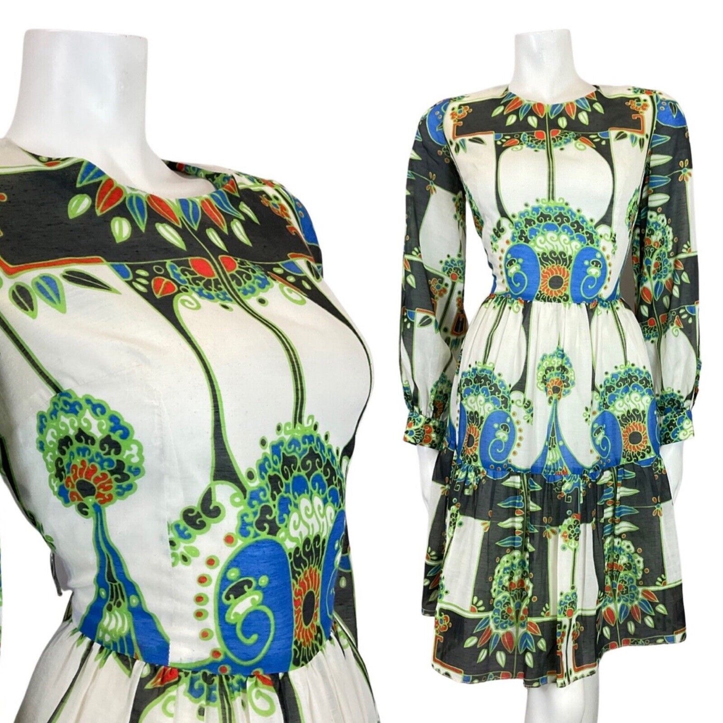 VINTAGE 60s 70s WHITE BLACK GREEN FLORAL NOUVEAU LONG-SLEEVE SWING DRESS 8