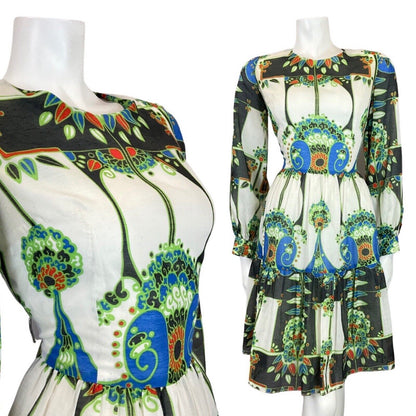 VINTAGE 60s 70s WHITE BLACK GREEN FLORAL NOUVEAU LONG-SLEEVE SWING DRESS 8