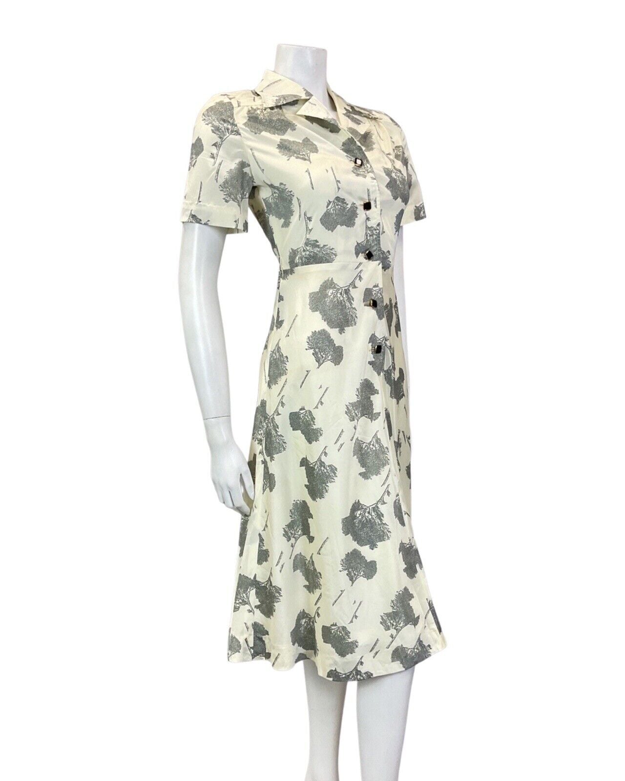 VINTAGE 60s 70s CREAM BLACK TREE LEAFY REVERE COLLAR SHIRT SWING DRESS 8