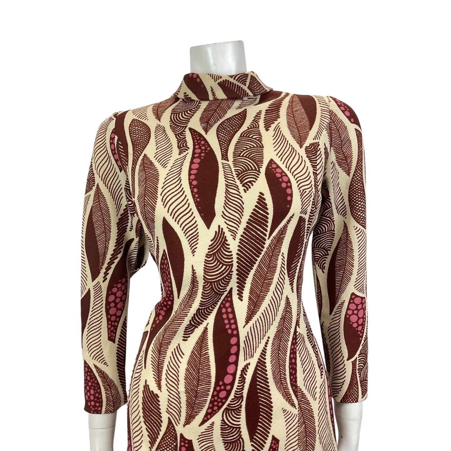 VINTAGE 60s 70s CREAM BROWN PINK PSYCHEDELIC FEATHER TURTLENECK MOD DRESS 10 12
