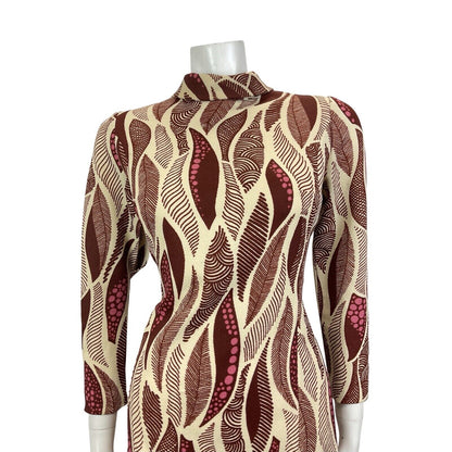 VINTAGE 60s 70s CREAM BROWN PINK PSYCHEDELIC FEATHER TURTLENECK MOD DRESS 10 12