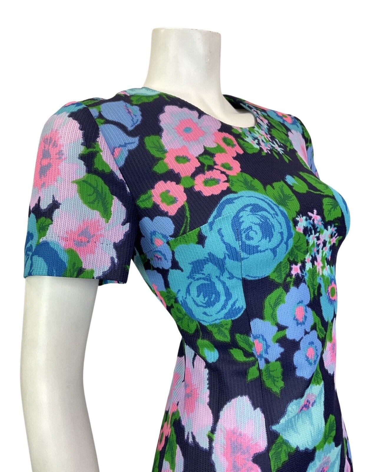 VINTAGE 60s 70s BLUE PURPLE GREEN FLORAL ROSE MOD SHORT DRESS 10 12