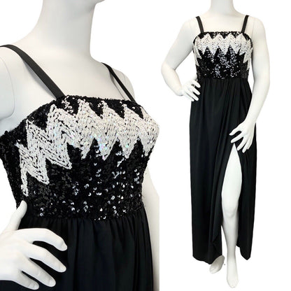 VINTAGE 60s 70s BLACK WHITE SEQUIN ZIG-ZAG STRAPPY DISCO STUDIO 54 MAXI DRESS 16
