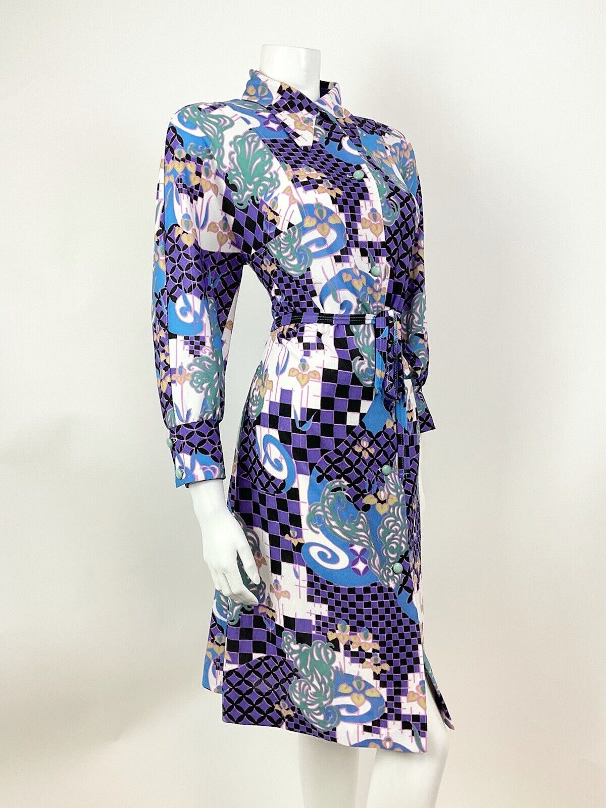VTG 60s 70s PURPLE GREEN BLACK PSYCHEDELIC CHECKERBOARD DAGGER SHIRT DRESS 12 14