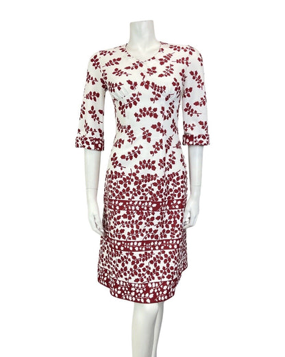 VINTAGE 60s 70s WHITE WINE RED BRANCH LEAFY FLORAL KNEE-LENGTH DRESS 8