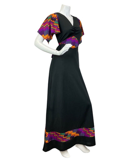 VTG 60s 70s BLACK PURPLE GREEN CHEVRON STRIPED HANDKERCHIEF SLEEVE MAXI DRESS 10