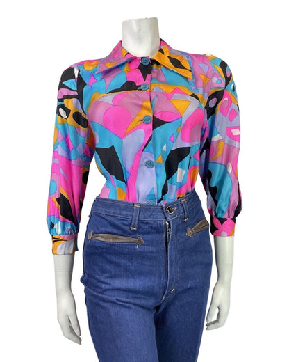 VINTAGE 70s 80s PINK BLUE BLACK PSYCHEDELIC GEOMETRIC FLOATY BLOUSE SHIRT 8 10