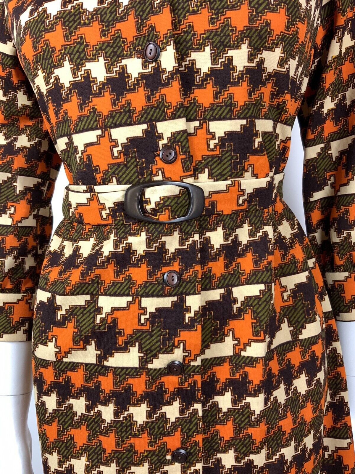 VINTAGE 60s 70s ORANGE BROWN GREEN CREAM GEOMETRIC HOUNDSTOOTH SHIRT DRESS 12 14
