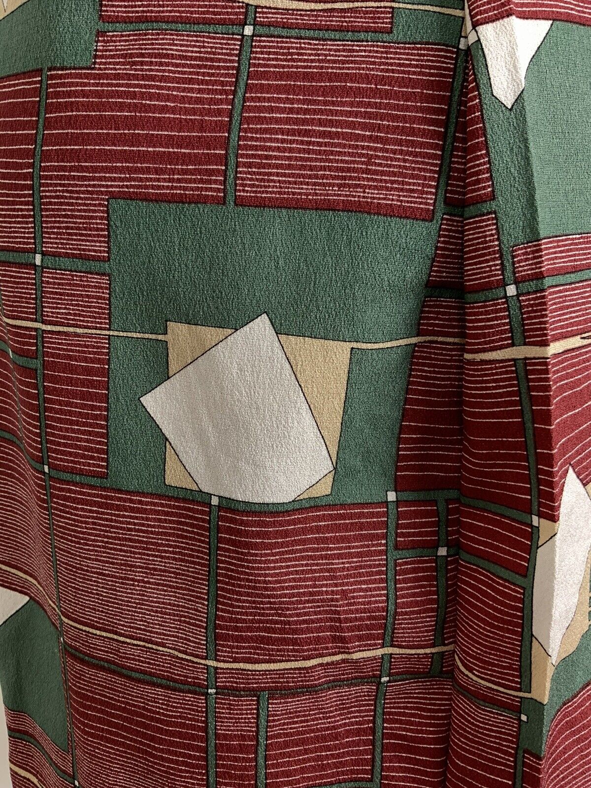 VINTAGE 60s 70s RED GREEN BEIGE WHITE GEOMETRIC STRIPED DAGGER SHIRT DRESS 12 14