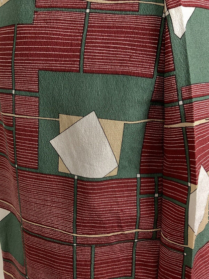 VINTAGE 60s 70s RED GREEN BEIGE WHITE GEOMETRIC STRIPED DAGGER SHIRT DRESS 12 14