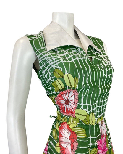 VINTAGE 70s GREEN PINK WHITE STRIPED FLORAL DAISY WING COLLAR DRESS 12
