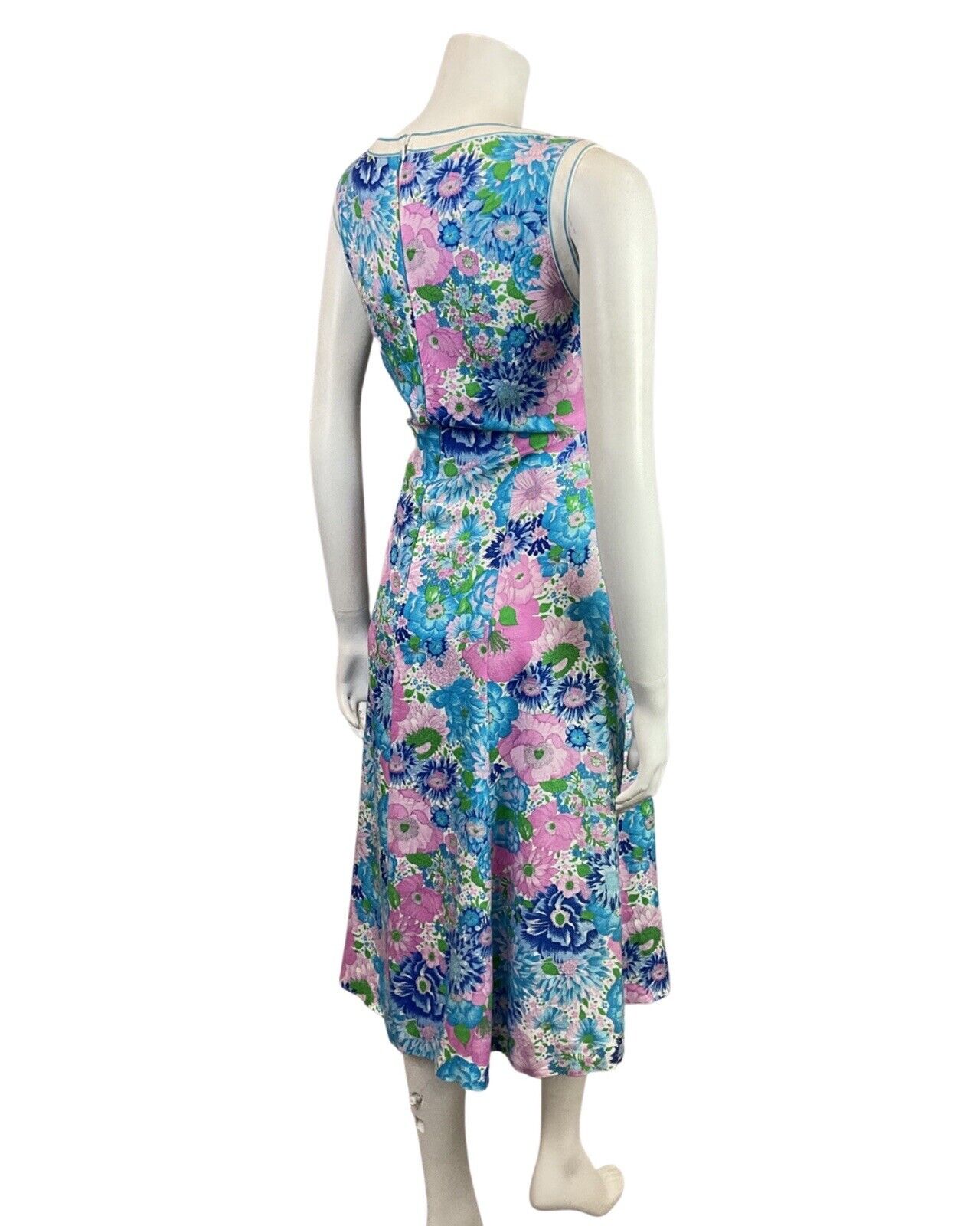 VINTAGE 60s 70s BLUE PINK WHITE FLORAL BOTANICAL SLEEVELESS SUMMER DRESS 14