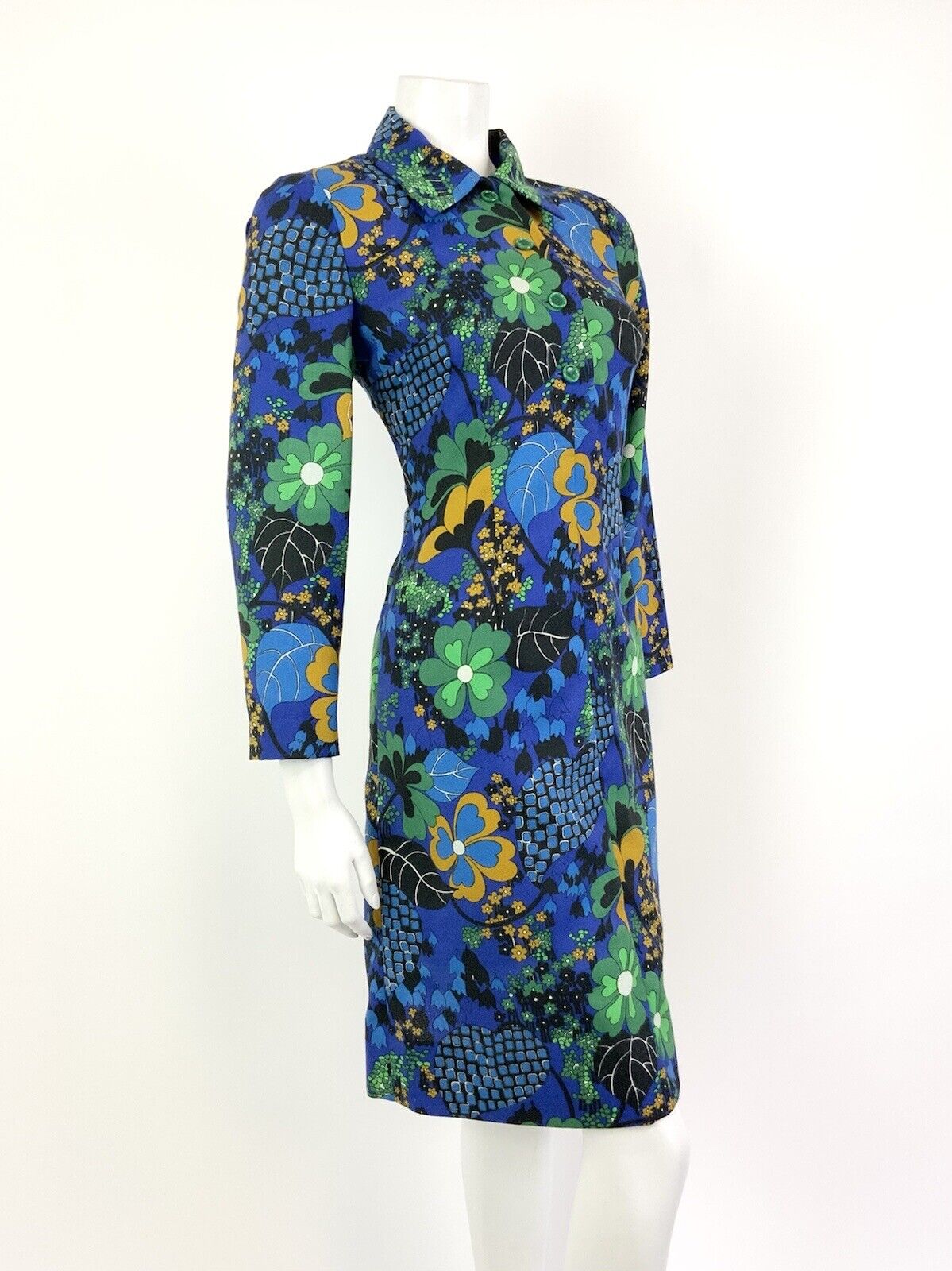 VTG 60s 70s BLUE YELLOW BLACK GREEN FLORAL LEAFY PSYCHEDELIC SHIRT DRESS 10 12