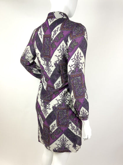 VTG 60s 70s PURPLE WHITE SILVER ZIG-ZAG FLORAL DAGGER COLLAR LUREX DRESS 14 16