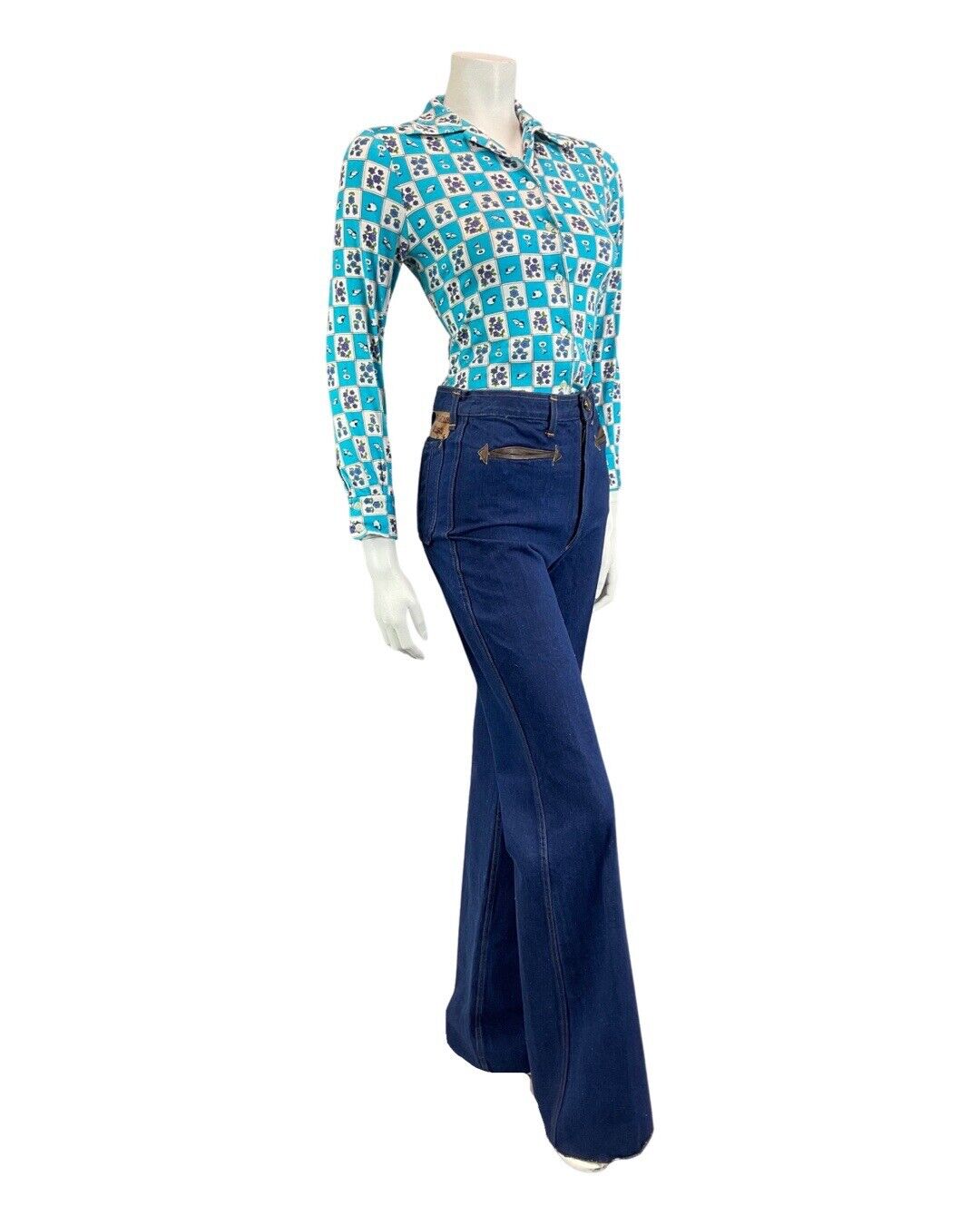 VINTAGE 60s 70s BLUE WHITE FLORAL GOLFING CHECKERBOARD FITTED BLOUSE SHIRT 8