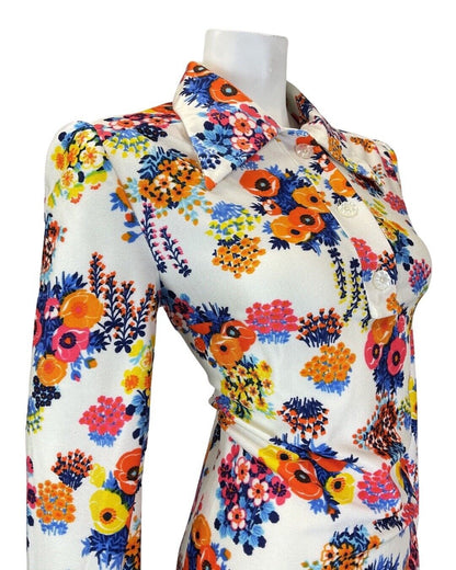 VINTAGE 60s 70s WHITE BLUE PINK FLORAL BOUQUET MOD DAGGER SHIRT DRESS 12 14