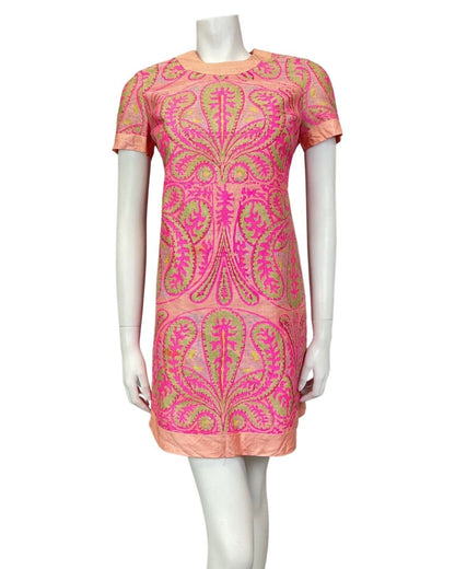 VINTAGE 60s 70s PINK PEACH LILAC GREEN PAISLEY MOD SHIFT DRESS 8 10