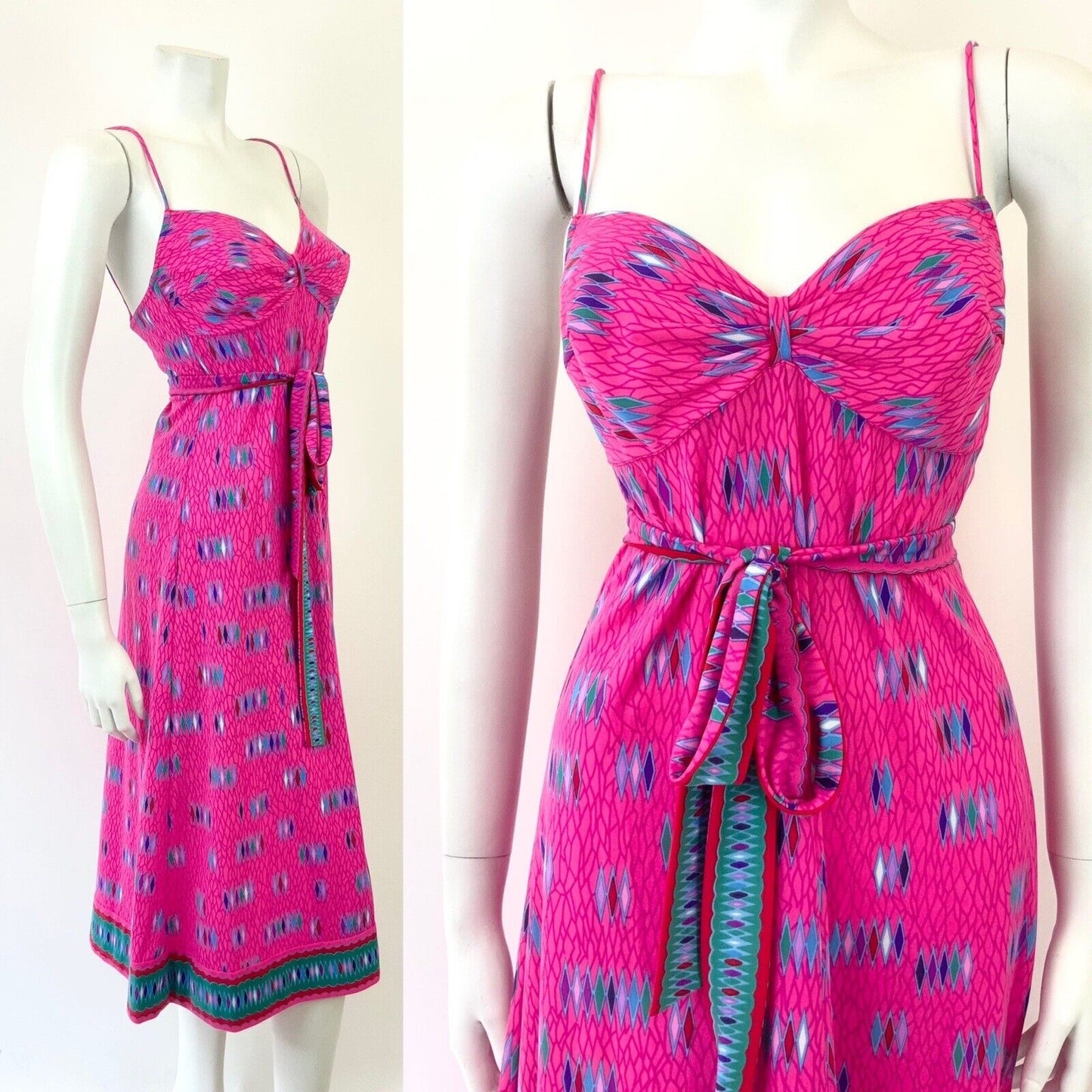 VTG 60s 70s BRIGHT PINK BLUE GREEN PSYCHEDELIC SWEETHEART STRAPPY SUNDRESS 8 10