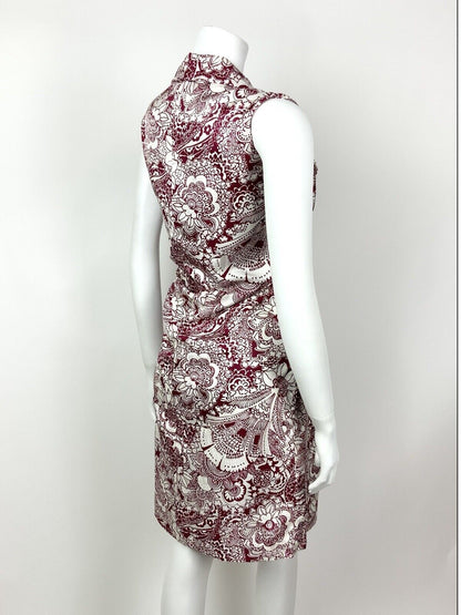 VINTAGE 60s 70s WINE RED WHITE PSYCHEDELIC FLORAL PAISLEY BATIK SHIRT DRESS 12 1