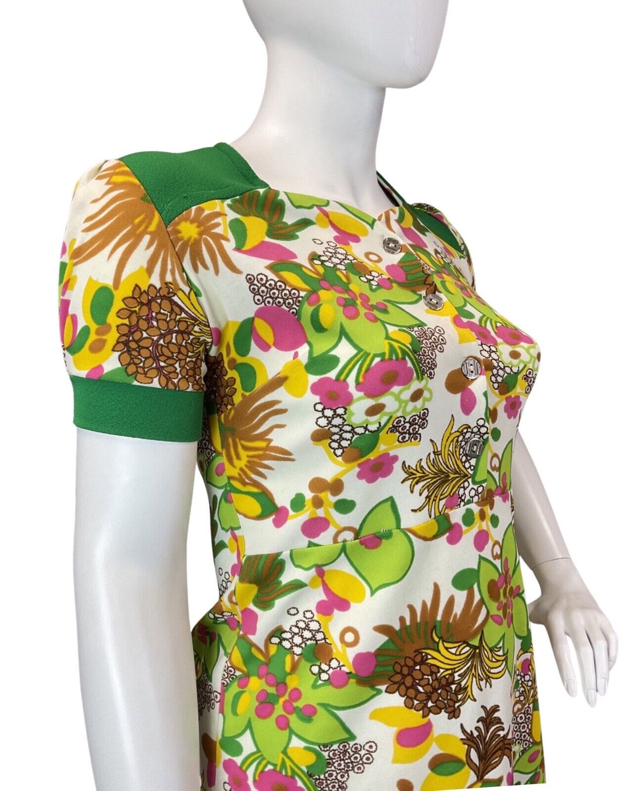 VINTAGE 60s 70s WHITE GREEN PINK FLORAL PSYCHEDELIC MOD SHORT DRESS 16