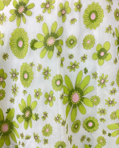 VINTAGE 60s 70s GREEN WHITE PINK FLORAL DAISY MOD SLEEVELESS SWING DRESS 8 10