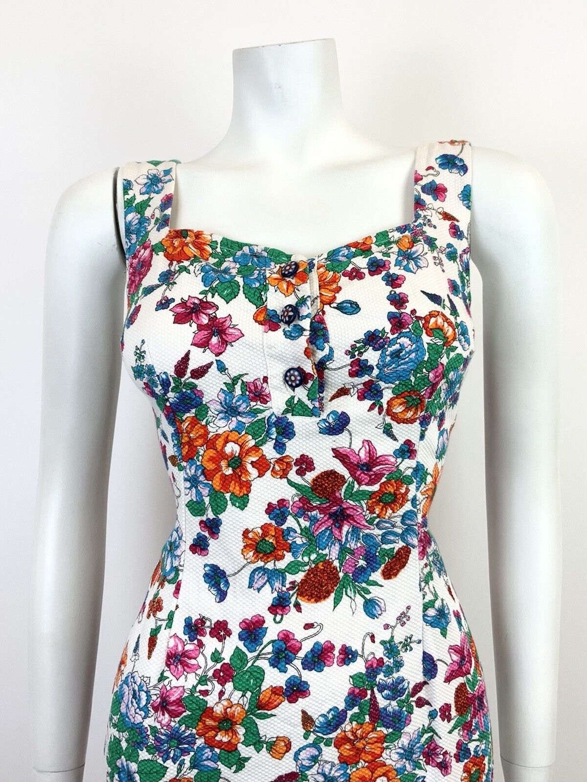 VTG 60s 70s WHITE BLUE RED GREEN FLORAL SWEETHEART PINAFORE APRON SUNDRESS 8