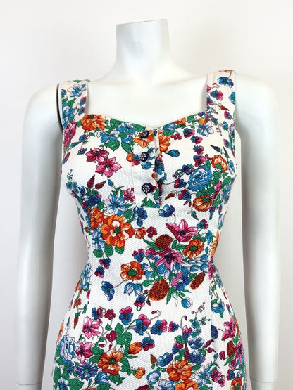 VTG 60s 70s WHITE BLUE RED GREEN FLORAL SWEETHEART PINAFORE APRON SUNDRESS 8