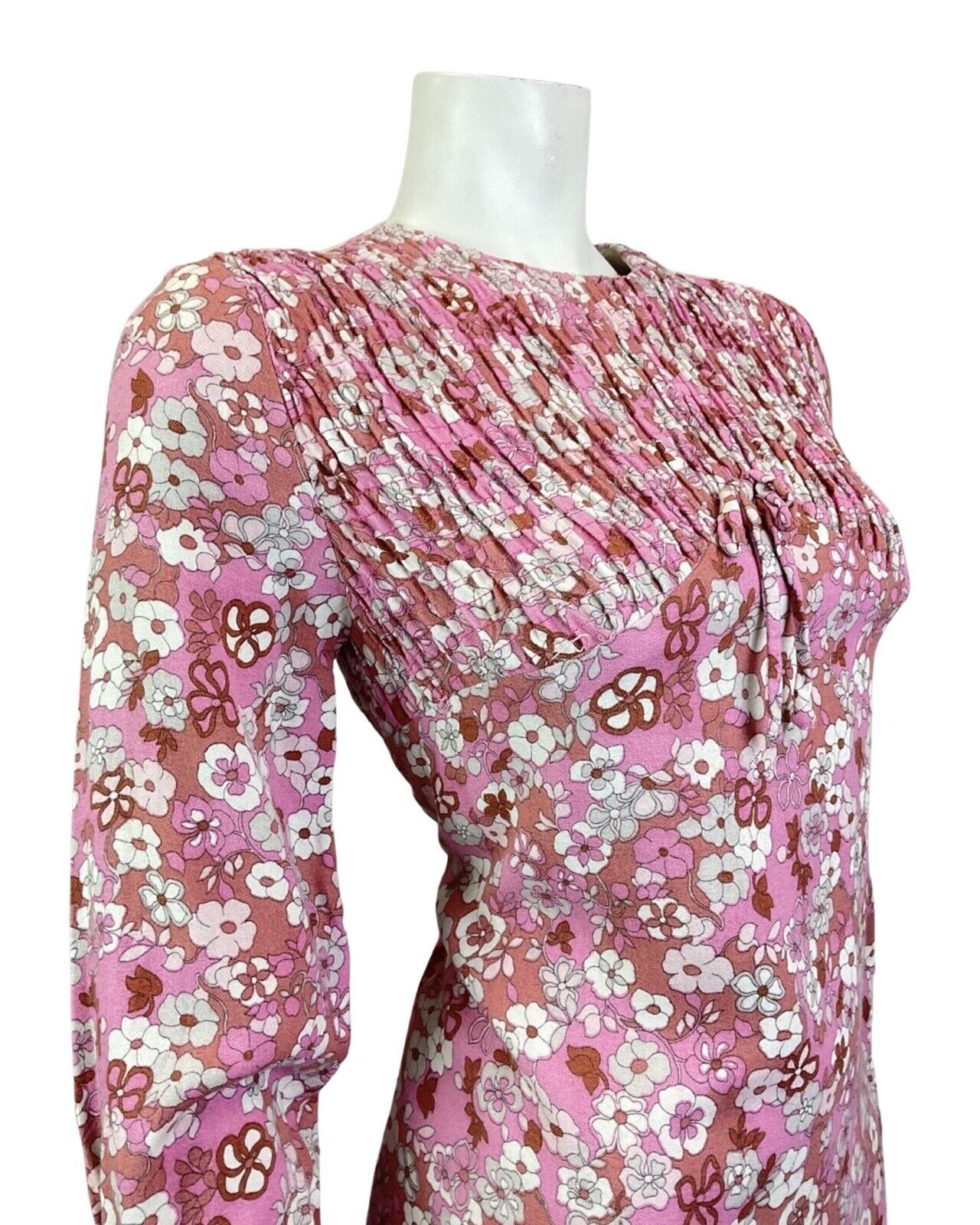 VINTAGE 60s 70s PINK WHITE PURPLE DAISY FLOWER SHIRRED MOD SUMMER DRESS 10 12