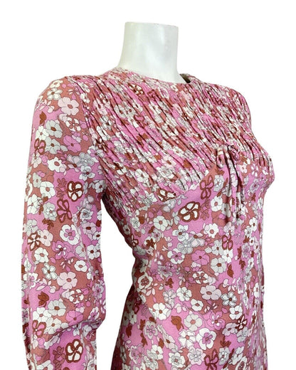 VINTAGE 60s 70s PINK WHITE PURPLE DAISY FLOWER SHIRRED MOD SUMMER DRESS 10 12
