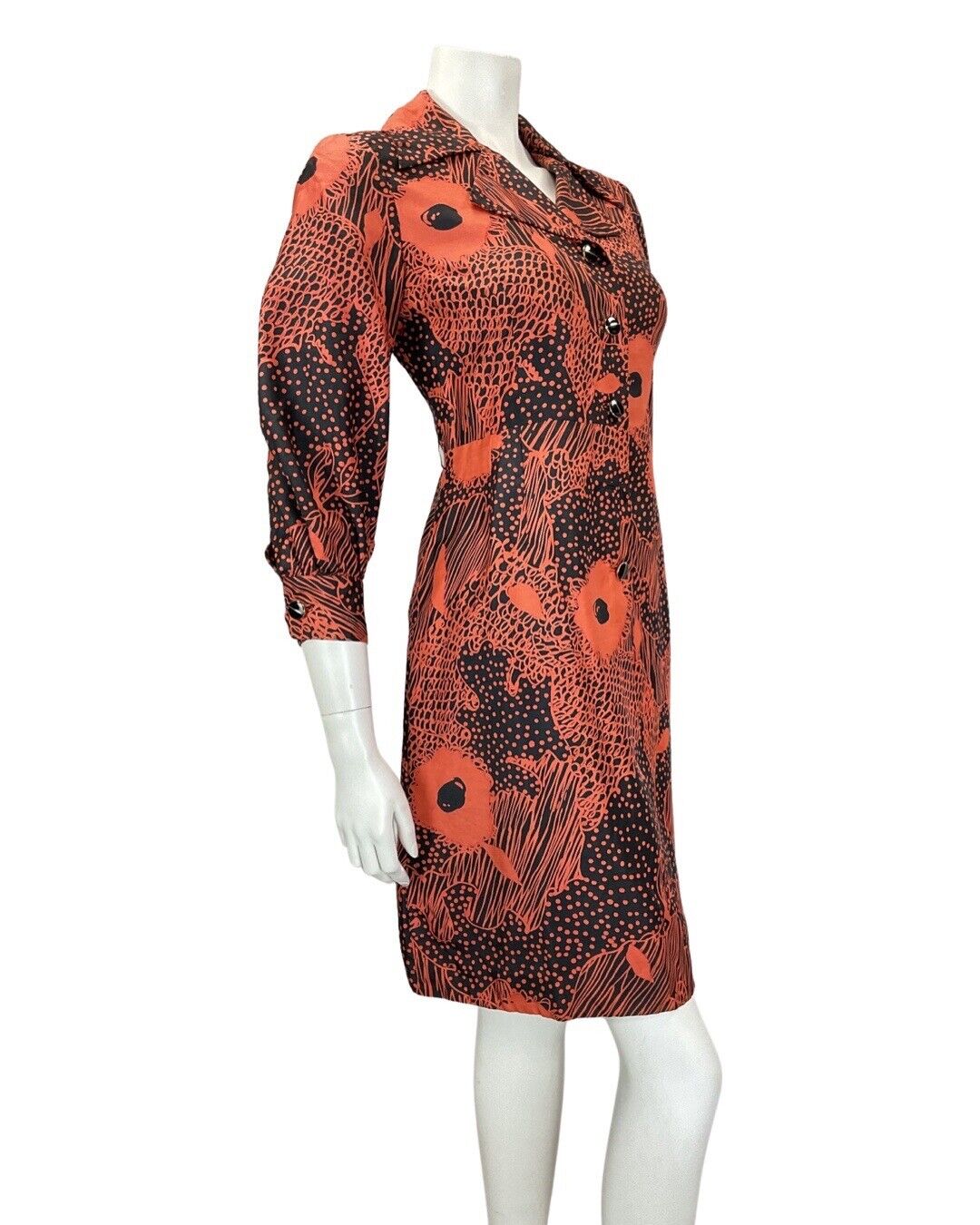 VINTAGE 60s 70s ORANGE BLUE FLORAL PSYCHEDELIC MOD SILK SHIRT DRESS 10