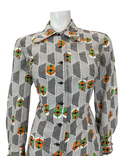 VINTAGE 60s 70s WHITE BLACK GREEN GEOMETRIC DAGGER COLLAR SHIRT DRESS 12 14