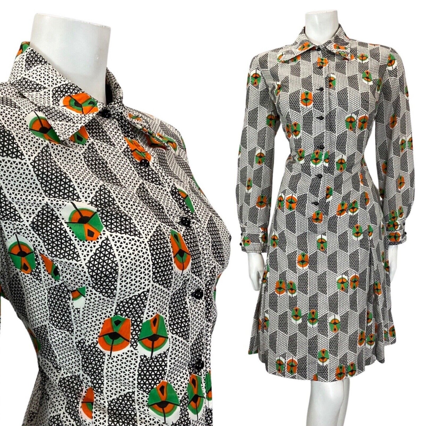 VINTAGE 60s 70s WHITE BLACK GREEN GEOMETRIC DAGGER COLLAR SHIRT DRESS 12 14