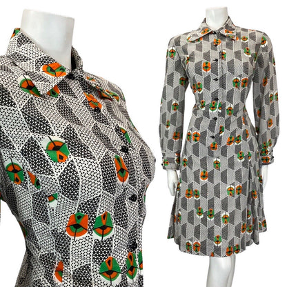 VINTAGE 60s 70s WHITE BLACK GREEN GEOMETRIC DAGGER COLLAR SHIRT DRESS 12 14