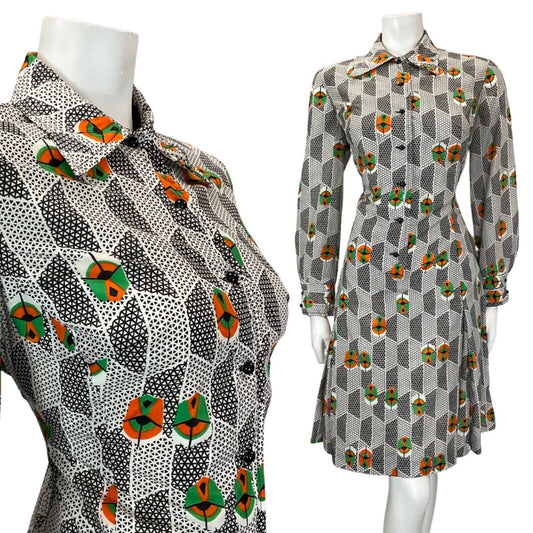 VINTAGE 60s 70s WHITE BLACK GREEN GEOMETRIC DAGGER COLLAR SHIRT DRESS 12 14
