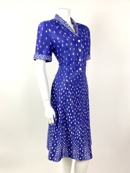 VINTAGE 60s 70s PURPLE LILAC WHITE TEAR RAIN-DROP SHAWL SHIRT DRESS 14 16