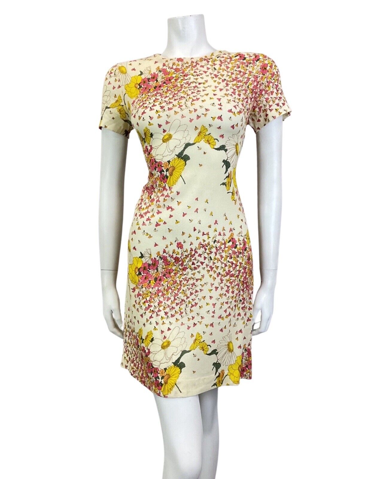 VINTAGE 60s 70s CREAM PINK YELLOW FLORAL PETAL SUMMER SHORT DRESS 8 10
