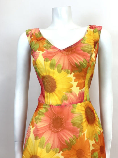 VINTAGE 60s 70s YELLOW ORANGE PINK FLOWER POWER GERBERA FLOATY SUMMER DRESS 8 10